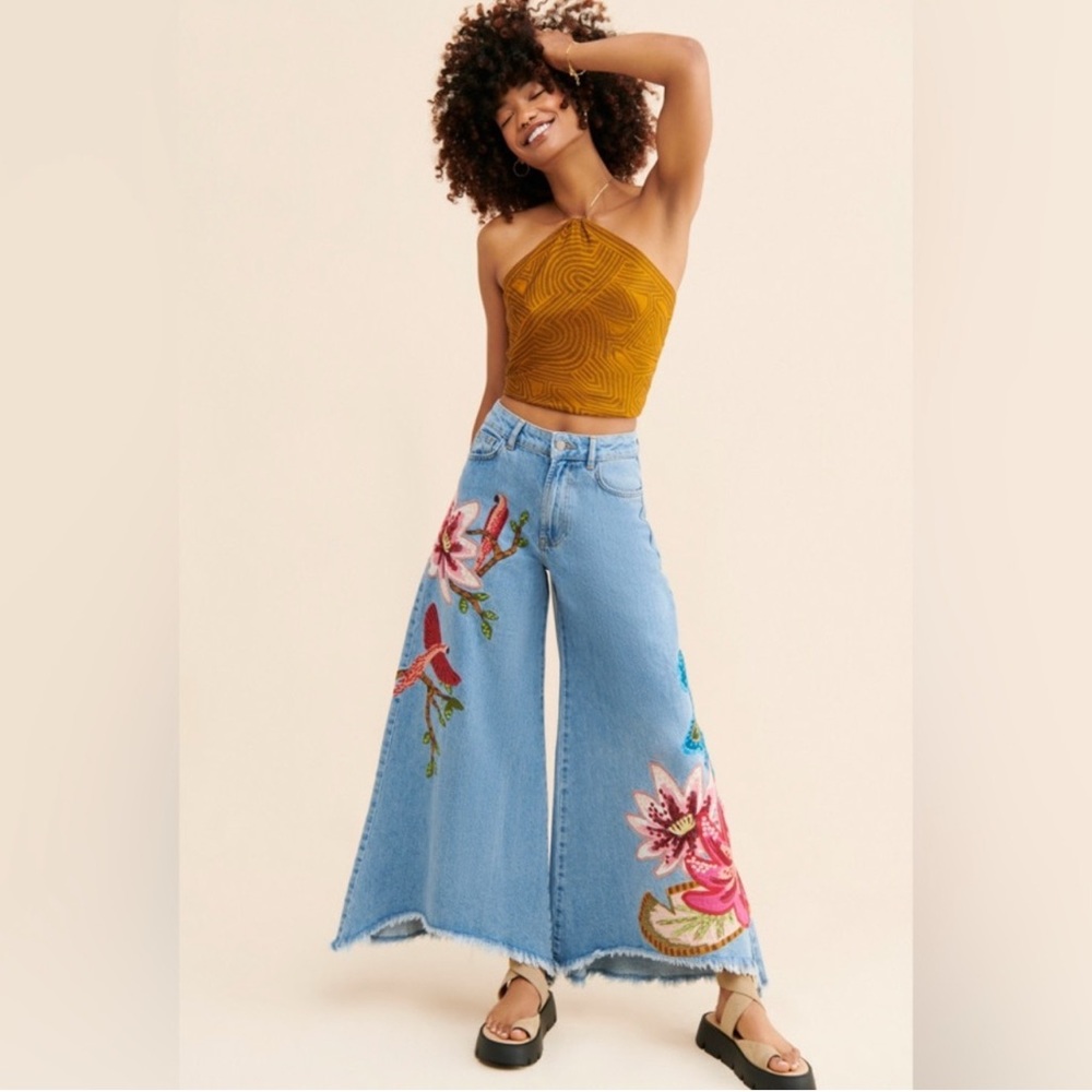 ISO - FARM Rio Blue and Pink Flare Jeans with Floral Embroidery